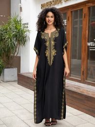 Black Women's Loose Kaftan Gold Embroidered Robe Swimsuit Cover-ups Bohemian Homewear Soft House Dress Beachwear Q1656