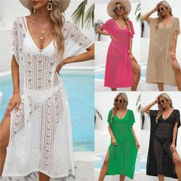 Cover Up Beach Exit Dress Swim Suit Vacation Outfits Covered Women Overalls Hollow Shirt Bikini Solid Polyester Pareo Female