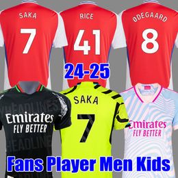 24 25 Saka Rice Soccer Jerseys Home Away Fãs Gunners G.Jesus Trossard Martinelli Ian Wright pré-jogo Odegaard Arsen 2024 2025 Camisa de futebol masculino Kit Kids Kit