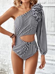 Women's Swimwear Single Sleeve Stripe One Piece Swimsuit Women Flower Lady Slimming Beachwear 2024 Summer Holiday Trendy Female Clothes