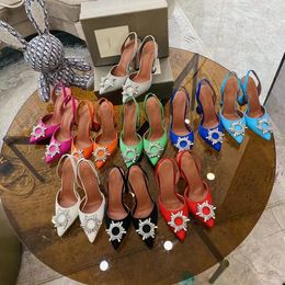 Pointed rhinestone 9.5cm high heel shoes woman Dress Shoe Pumps Crystal buckle real silk Summer Heels Party Prom Sandals size 35-41