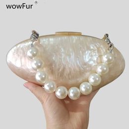 Brand Pearl White Nude Acrylic Bead Chain Handle Box Clutches Shell Women Shoulder Purse Wedding Dress Evening Handbag Wallets 240516