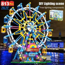Blocks ZKZC City Friends MOC Rotating Ferris Wheel Building Block Electric Block Light Toy Childrens Christmas Gift WX