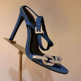 2024 Summer Walk Luxury Mirror Chain Sandal Crystal-embellished Stiletto Heels Designer Womens Sandal Party Dress Lady Gladiator Sandalias Blue High Heel Shoe Box