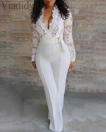 Women's Jumpsuits Rompers Women White Lace Bodice Insert Bodycon Wide Leg Jumpsuit T240515