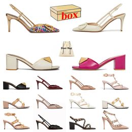 New Fashion Sexy Block Heel Sandals Famous Designer Women High Heels Rivet Pointed With Box Slide Lady Luxury Leather Platform Wedges Pumps Slippers Pink Red Sandale