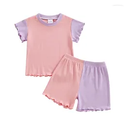 Clothing Sets Kids Girls Shorts Set Contrast Colour Short Sleeve Crew Neck T-shirt With Summer Outfit