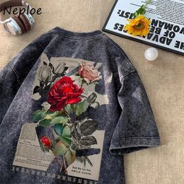 Neoe Retro Rose Print O-Neck T-shirt Y2k Short Sleeve Loose T-shirt 2024 Summer Black Bottom Top Womens 240510