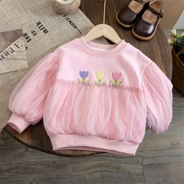 Girls T-shirts 2023 Autumn Winter Tops for Kids Long Sleeve Children Sweatshirts Lace Flower Toddler Pullover Baby Outfits L2405