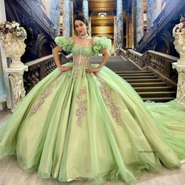 Green Quinceanera Dresses Ruffles Short Sleeve Sweet 15 Prom Ball Gown Mexican Girls Birthday Party Dress 0516