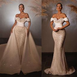 Beige Wedding Dress Pearls Appliqued Bridal Gown Detachable Train Custom Made Off Shoulder Robe Lace Up Back