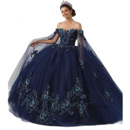Quinceanera Dresses Navy Blue 3D Flower Appliques Sweet 16 Dress with Cape Sleeve Plus Size Mexico Girls Vestidos de XV anos 0516