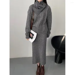 Work Dresses Autumn Winter Cable Knit Sweater And Skirt 2 Pieces Sets Woman Fashion High Street Jumper Top With Scarf Midi Wrap Skirts