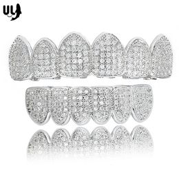 Hip Hop Cubic Zircon Teeth Men Women Bling Iced Out Gold Silver Colour Top Bottom Grills Set Cosplay Party Jewellery 240428