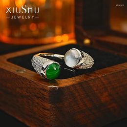 Cluster Rings Chinese Style China-Chic Open Mouth Chalcedony Foam Jade 925 Silver Ring Inlaid With High Carbon Diamond Temperament