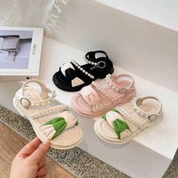 Sandals Kids Flat Sandals Shoes Summer New Grils Pure Fresh And Soft Shoes Baby Beach Shoes Green Pearl Students Dance Party Sandals Y240515