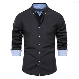 Men's Casual Shirts Oxford For Men Long Sleeve 70% Cotton Solid Colour Social ShirtsTurn-down Collar Single-Breasted Blouse Black