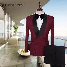 Men's Suits Burgundy Jacquard Jacket Black Pants Men Groom Tuxedo Prom Shawl Lapel Slim Fit Blazers High Quality Custom 2 Piece Set