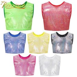 Vest Childrens Girls and Boys Fashion Metal Crop Top Sleeveless Flash Dance Top Jazz Hip Hop Tank Top Dance TopL240502