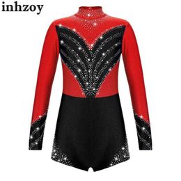 Dancewear Kids Girls Gymnastics Dance Leotard Long Sleeve Shiny Rhinestone Hollow Back Dance Unitards Biketard Jumpsuit Show CostumeL2405