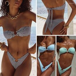 Women's Swimwear Womens Bandeau Bikini Sets Sexy Strapless Two Piece Swimsuit Cut Out Ring Cute Ribbed Ladies Bathing Suit