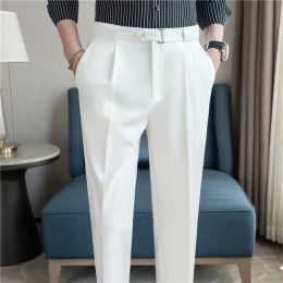 Summer Ice Silk Cool Casual Business Suit Pants Men Sli Fit Office Social Cropped Pants Streetwear Wedding Party Trousers 28-40