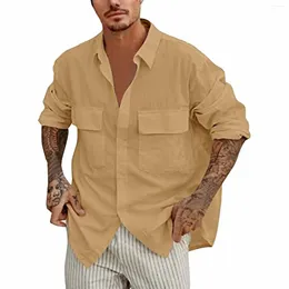 Men's Casual Shirts Solid Colour Long Sleeve Shirt Button Up Double Pocket Top Handsome Men