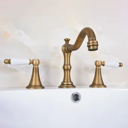 Bathroom Sink Faucets Vintage Retro Antique Brass Double Handle Three-hole Deck Mount Widespread Basin Faucet / Bathtub Mixer Tap Lan084