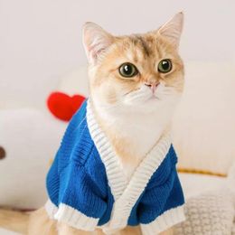 Dog Apparel Cartoon Cat Embroidery Sweater Clothes Blue White Knit Cardigan Kawaii Small Clothing Thick Autumn Pet Products