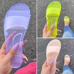 2024 summer women plus size bottom beach shoes ladies one-word sandals casual transparent jelly Colour flat slipper 240516