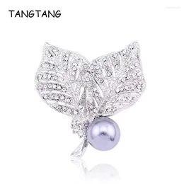 Brooches TANGTANG Grey Pearl Brooch Leaves Double Leafs Pin Unisex Ornament Accessories Pins Jewellery Plant Women Bijoux