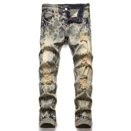 Men's Jeans EHMD Blue Gradient Grey Ripped Jeans Male Scraped Off 3D Star Print Soft Casual Cotton Trend Youth Distress Stretch High Strt T240515
