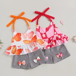 Clothing Sets 1-6Y Kids Girl Summer Clothes Set Baby Sleeveless Halter Floral Ruffle Tops Bow Elastic Waist Shorts Children Casual Outfits