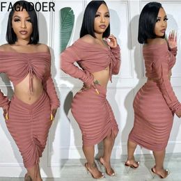 Work Dresses FAGADOER Fashion Off Shoulder Long Sleeve Drawstring Crop Top And Skirts Two Piece Set Casual Female Solid Matching 2pcs