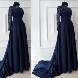 Navy Blue Muslim Evening Dresses High Neckline Satin Appliques Formal Gown Beaded Saudi Arabia Females Robes 0516