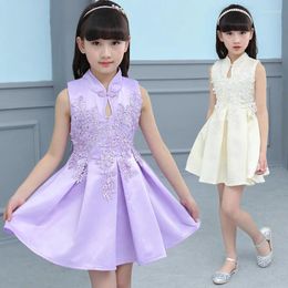 Girl Dresses Floral Embroidered Appliques Qipao Dress For Summer Kid Chinese Style Chi Pao Girls Cheongsam Sleeveless Qi-Pao