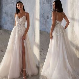 Boho Beach 2024 Wedding Dresses Lace Appliqued Side Split Bridal Gowns For Bride Sexy Sweep Train Vestidos De Novia