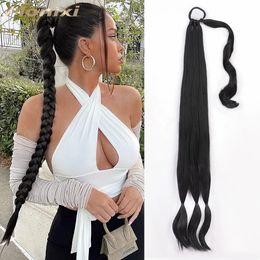 MONIXI Synthetic Braided Ponytail Extensions Long Black Hairpiece Tail with Hair Tie for Women High Temperature Fibre 240516