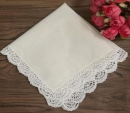 Home Textil 12PCS Fashion Wedding Bridal Handkerchiefs Ivory Cotton Hankie with white Embroidered Crochet Lace edges Vintage hanky4480043