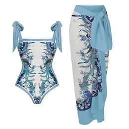Women's Swimwear 2024 Reversible Tie-shoulder Baroco Style Printed One Piece Swimsuit And Skirt Set Women Beachwear Luxury Bathing Suit