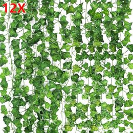 Decorative Flowers 12x 2M Artificial Plant Green Ivy Leaf Garland Hanging Vines Outdoor Greenery Wall Decor DIY Fake Wreath Leaves Home