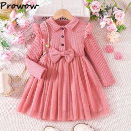 Girl Dresses Prowow 4-7Y Kids Winter Long Sleeve Bowknot Polo Dress Birthday Princess Mesh For Girls Children Clothing