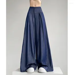 Women's Pants QOERLIN High Waist Wide Leg Women Jeans Korean Fashion Baggy Blue Pocket Trousers Summer Thin Zipper- Denim S-XXL