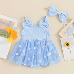 Girl's Dresses 0-18M Newborn Baby Girl Daisy Flower Print Tulle Patchwork Romper Dress with Bow Hairband Summer Sleeveless Infant Bodysuits