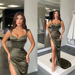 Elegant Olive Green Prom Dresses Straps Sweetheart Slit Evening Dress Pleats Formal Dresses For Special Ocns 0516