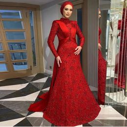Red Muslim Dresses with Overskirt Lace Skirt Beaded Formal Gowns Custom Made Arabic Dubai Womens Evening Wears 0516