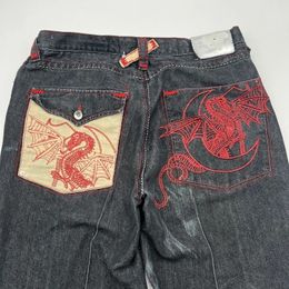 American retro dragon pattern Gothic design high-waisted jeans men 2000s distressed washed versatile casual straight baggy pants 240515