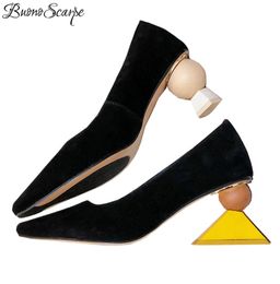 Sexy Strange High Heel Shoes Black Women Asymmetry Heel Mary Janes Pumps Shallow Mouth Office Pumps Leather Shoes3965278