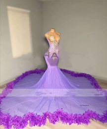 Light Purple Feathers Mermaid Prom 2024 For Black Girls Crystal Beaded Party Gowns Evening Dresses 0516