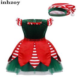 Tanzkleidung Kinder Mädchen Xmas Weihnachtsmann Kostüm Weihnachten Elf Cosplay Carnival Neujahrsparty Kostüm Striped Tutu Leotard mit Hatl2405